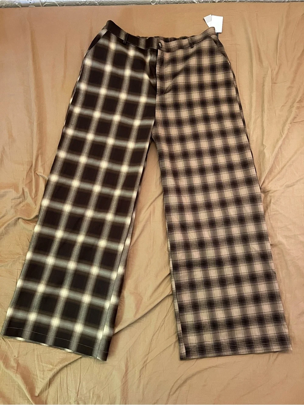 bp Two-Tone Plaid Wide-Leg Trousers in Brown and Tan
